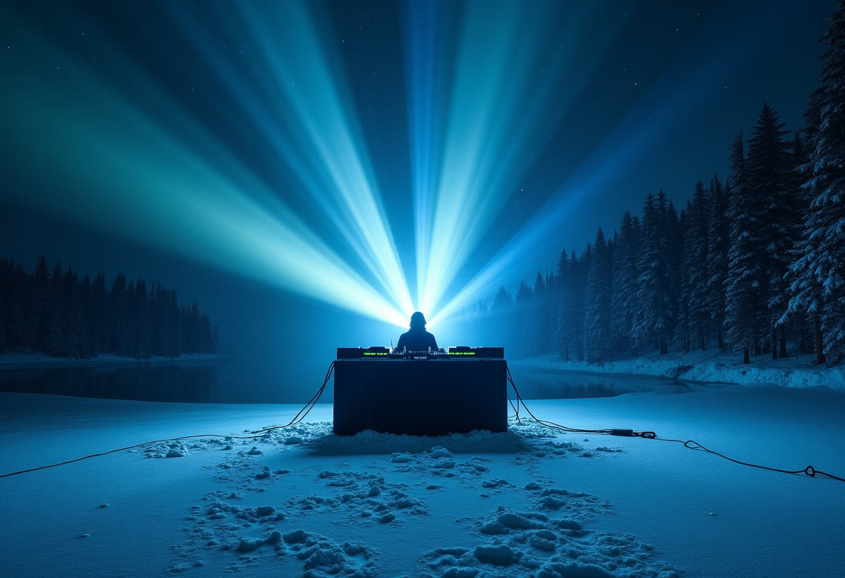 A DJ booth on a frozen lake at night, icy blue beams fanning out into the sky