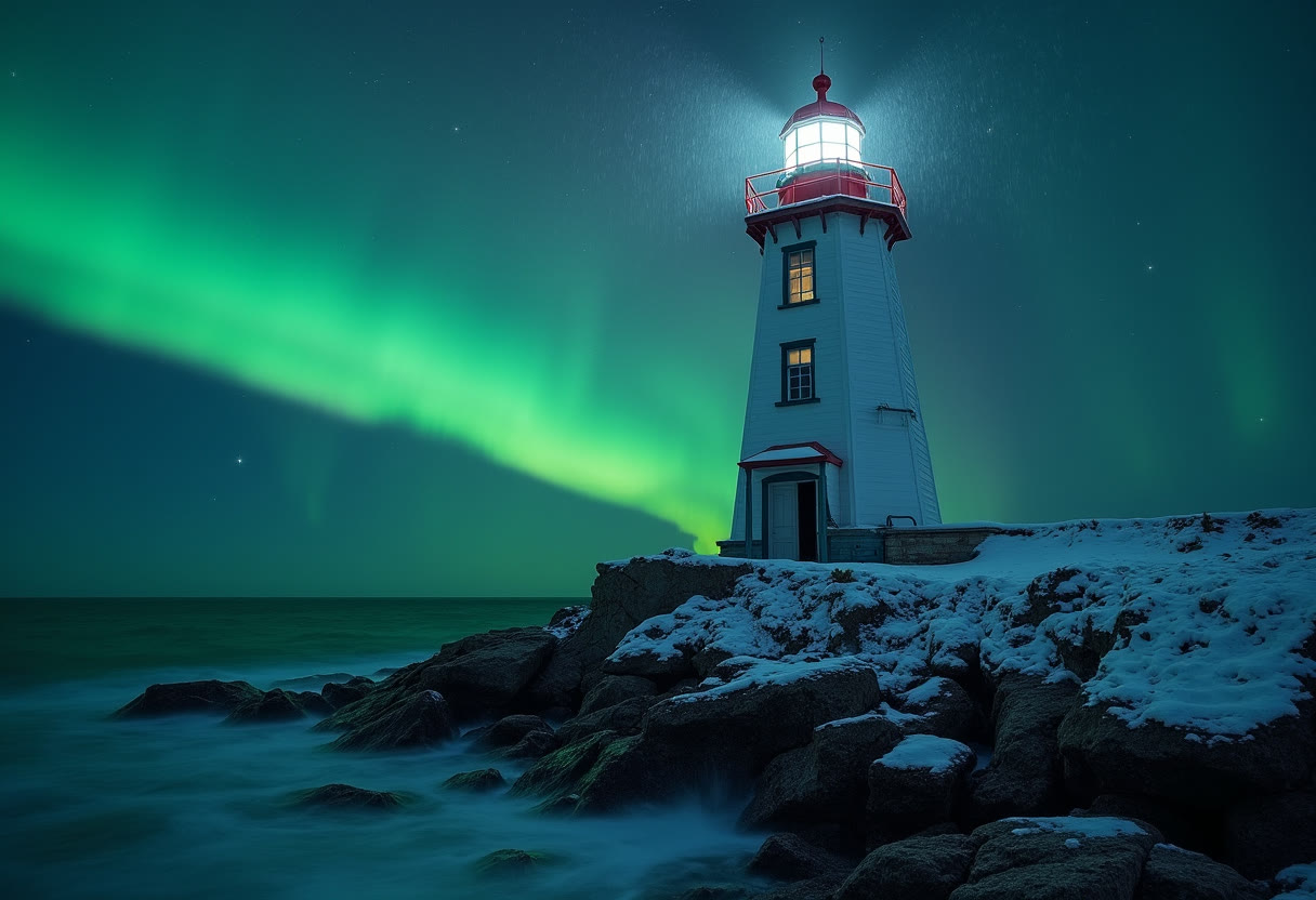 A white lighthouse under the green aurora on a snowy headland